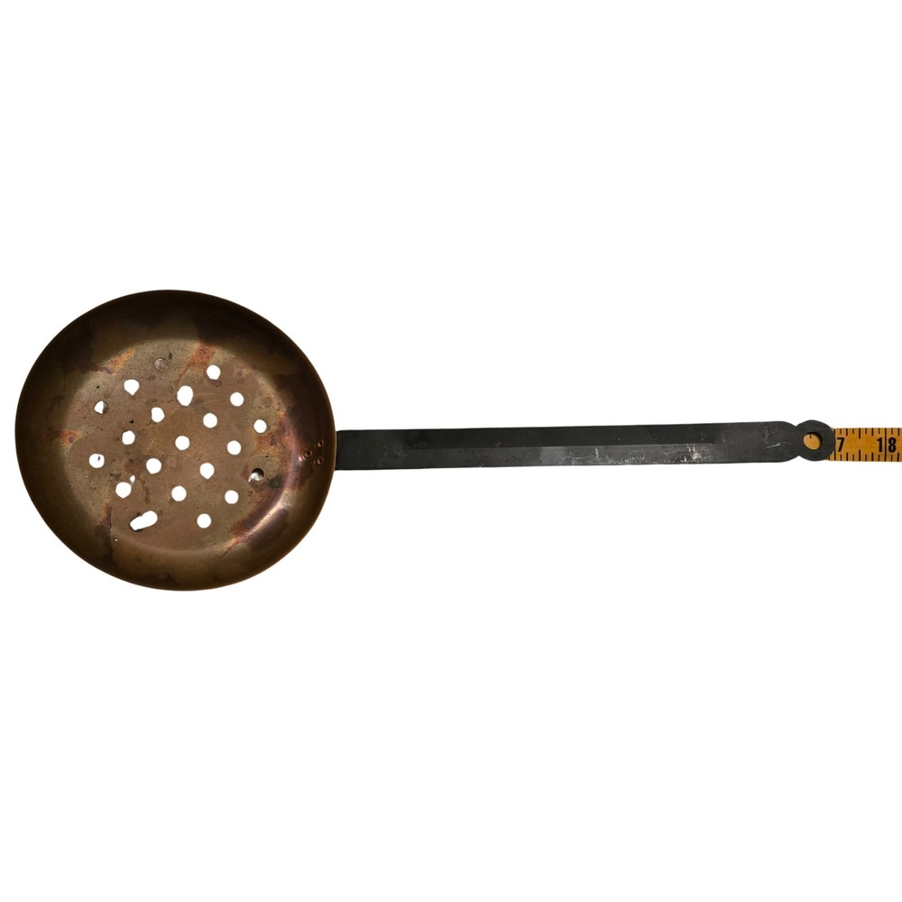 Antique Style Copper Skimmer Spoon Wrought Iron‎ Handle Primitive Farmhouse 17in
